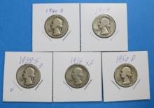 Lot of 5 90% Silver Washington Quarters - Various Years