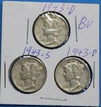 Lot of 3 Silver Mercury Dimes 1943-S, 1943-D, 1943-D