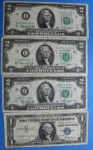 Lot of 3 $2 Bank Notes and 1 $1 Silver Certificate - 4 Bills total