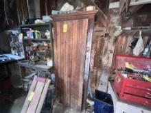 ANTIQUE BEADBOARD CABINET & CONTENTS: HAND TOOLS, TRAILER BALLS, ANTIQUE HAND TOOLS, TAP-N-DIEMISC.