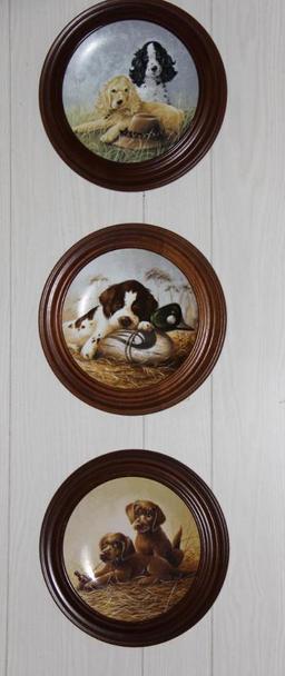 3 Dog -Themed Framed Plates and 2 Framed Pictures