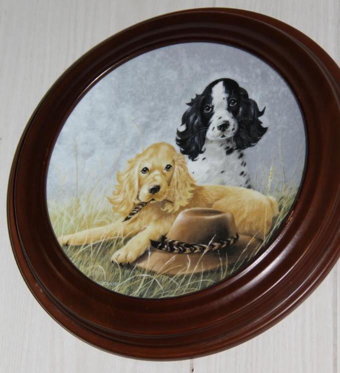 3 Dog -Themed Framed Plates and 2 Framed Pictures