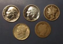 LOT OF FIVE MISC. SILVER DIMES (5 COINS)