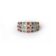 A Highly Unusual Five-Row Diamond & Gem Set 18k Yellow Gold Ring