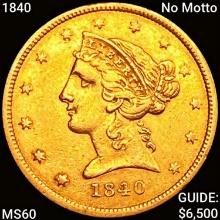 1840 No Motto $5 Gold Half Eagle UNCIRCULATED