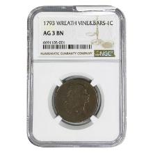 1793 Flowing Hair Large Cent NGC AG3 BN Wreath Vin