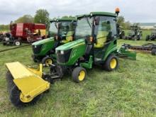 JOHN DEERE 1025R TRACTOR, CAB, HEAT/AC, 4WD, YANMAR 1.267L DIESEL, 3PT, PTO, 2 MIDDLE HYDRAULIC OUTLETS, LOADER READY, HI-LOW HYDROSTAT TRANS, JOHN DEERE HEAVY DUTY 60'' BROOM WITH HYDRAULIC LIFT, FRONTIER RB5048L 48'' BACK BLADE WITH MANUAL ANGLE, TURF TIRES, 285/60-12 REAR TIRES, 215/50-10 FRONT TIRES, 461 HOURS SHOWING, S/N: 1LV1025RPKK400128