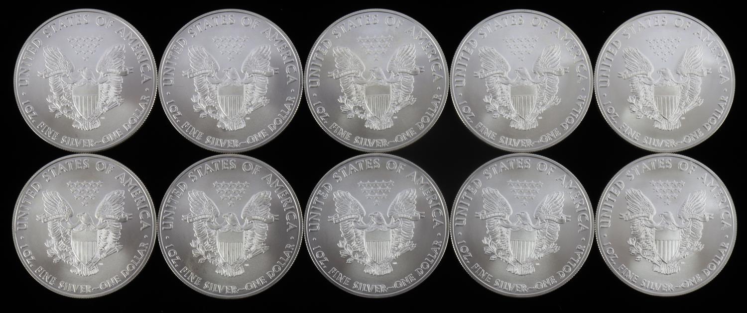 10 AMERICAN EAGLE 1 OZ SILVER COINS 2008