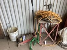 HYDRAULIC JACK, METAL STAND, TRACTOR CLUTCH PEDAL, EXTENSION CORD ,OLD