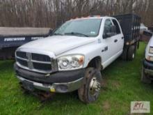 2007 Dodge 3500 HD double cab stake body truck, Omaha stake body, 4WD, PW, PL, plow,