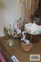Porcelain carousel music box, metal carousel, and wooden carousel