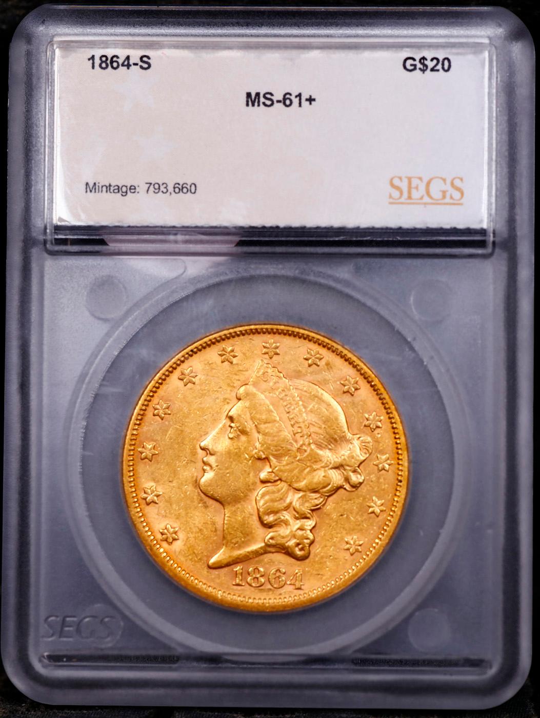 ***Auction Highlight*** 1864-s Gold Liberty Double Eagle $20 Graded ms61+ By SEGS (fc)