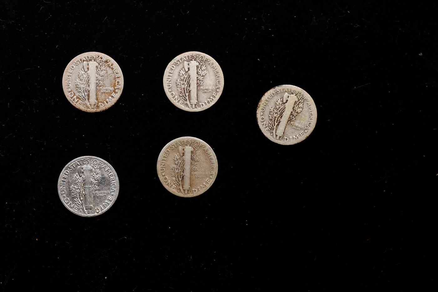 Lot of Five Coins- 1917-d, 1918-s, 1924-d, 1926-s, 1941-s Mercury Dime 10c Grades