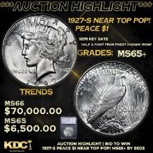 ***Auction Highlight*** 1927-s Peace Dollar Near Top Pop! $1 Graded ms65+ BY SEGS (fc)
