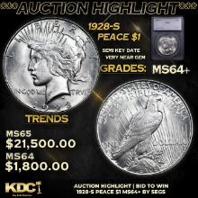 ***Auction Highlight*** 1928-s Peace Dollar $1 Graded ms64+ BY SEGS (fc)