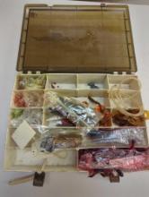Tackle Box and contents including worms and various fishing lures. Comes as is shown in photos.
